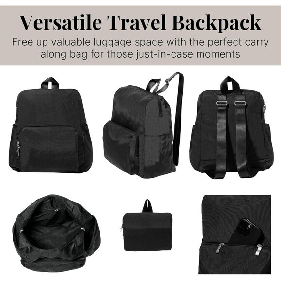 Women's Lightweight Travel Backpack - Packable Design with Luggage Sleeve, Black - Picture 5 of 6